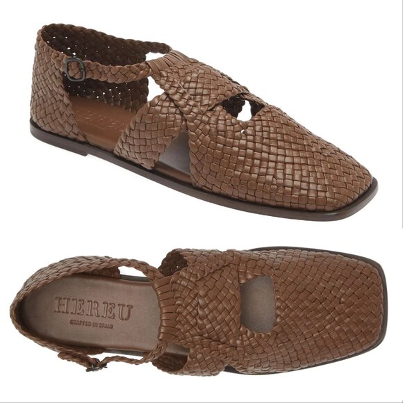 Hereu Shoes - HEREU Serra Woven Square Toe Flat Sandals Size 36 5.5 Brown Leather NEW